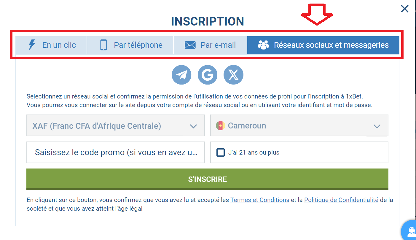 1xBet inscription en passant par les réseaux sociaux