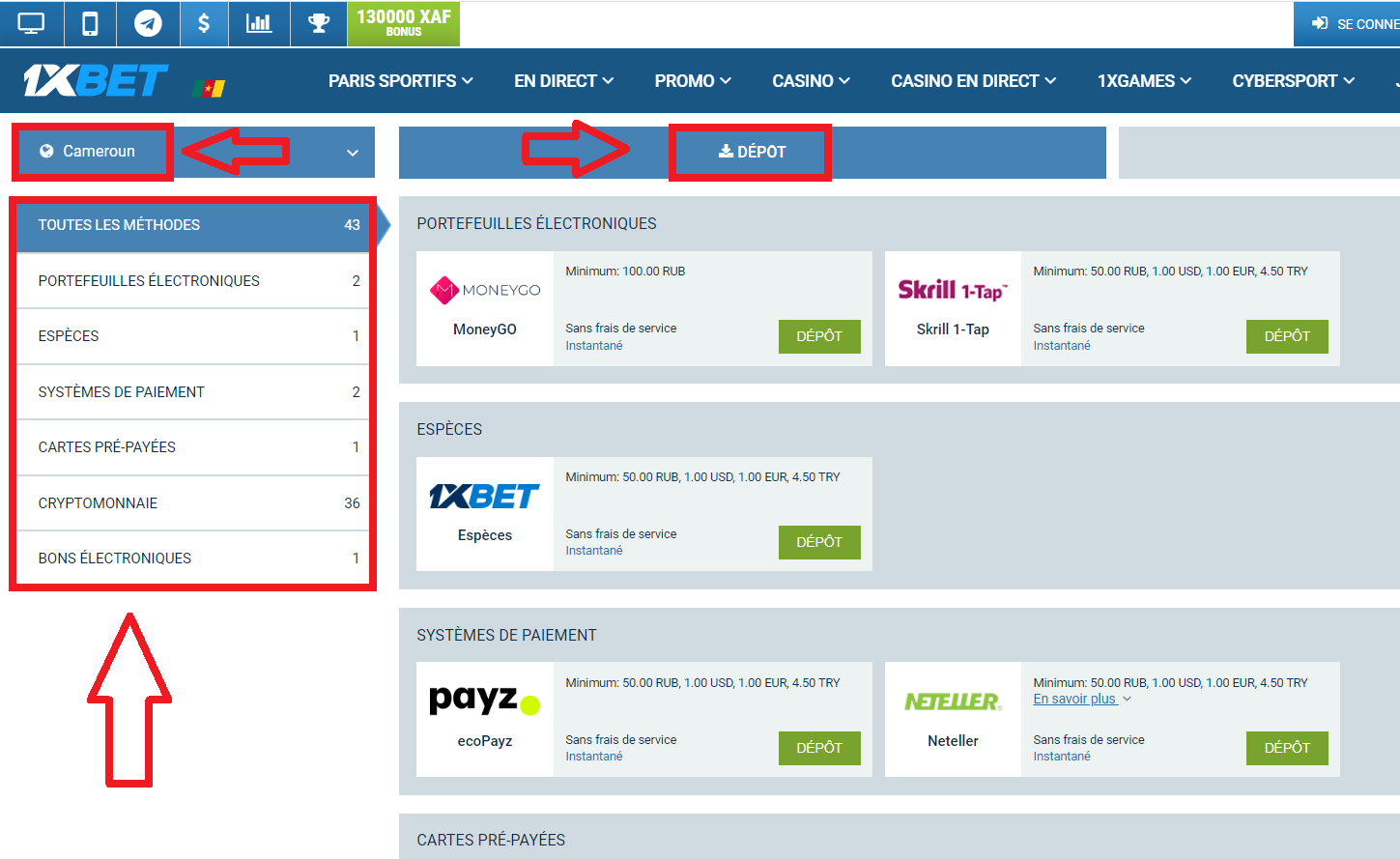 Dépôt et retrait des fonds dans 1xBet bookmaker Cameroun